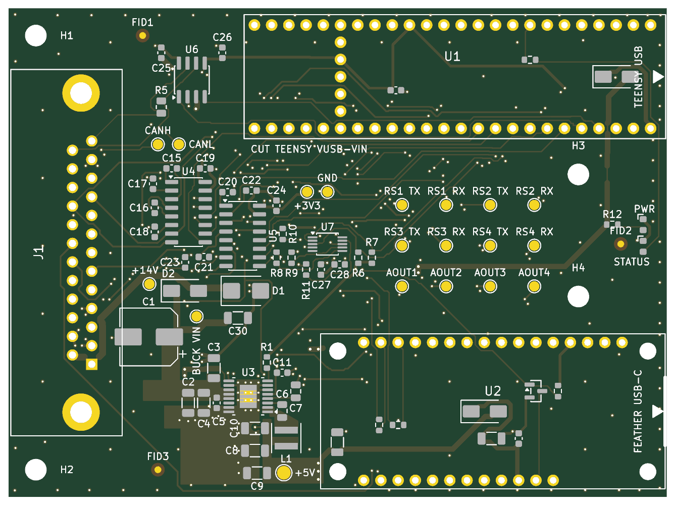 Top render of the circuit board with the DB25 connector at left, Teensy 4.1 at top right, and ESP32 Feather at bottom right.